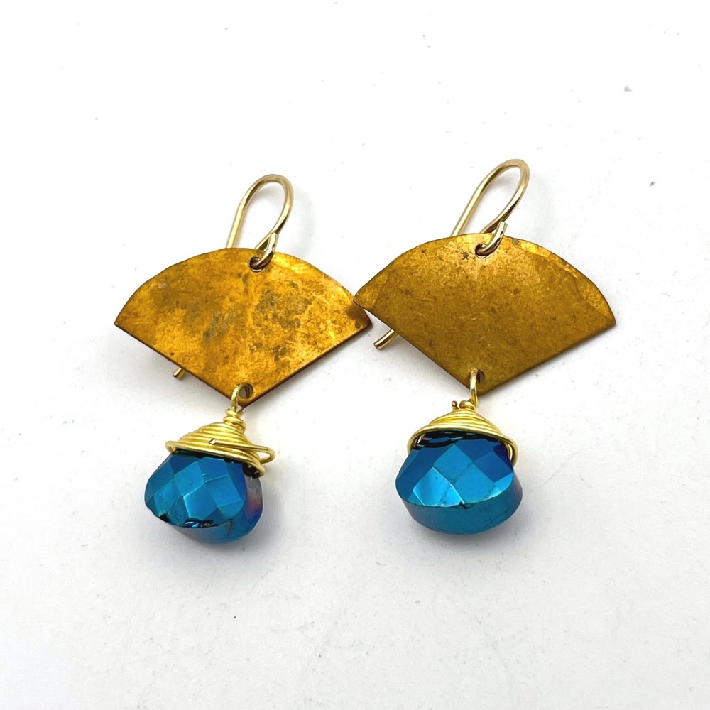 Handmade Hammered Brass Fan Drop Earrings Blue Faceted Wire Wrapped Beads 1.5"